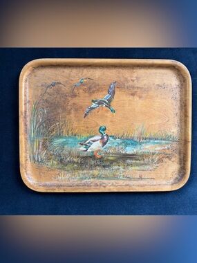 Hand-Painted Duck Marsh Wooden Art Panel in Brown and Green